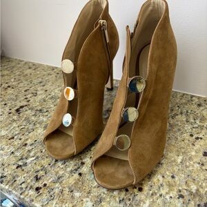 Jimmy Choo Tan Suede Peep-Toe Boots with Gold Accents